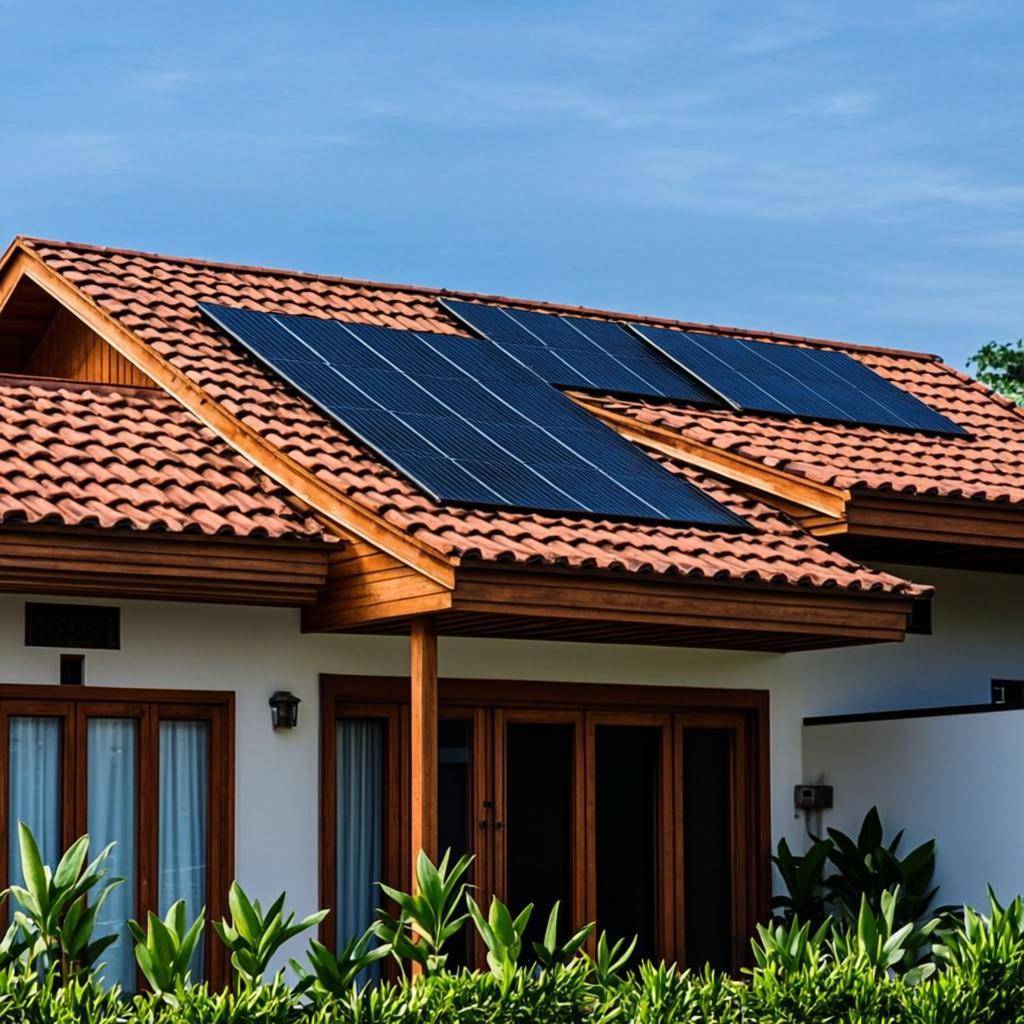 Contoh ilustrasi: Rumah Modern Tropis β tipe properti rumah yang dapat dirancang solusi PLTS-nya