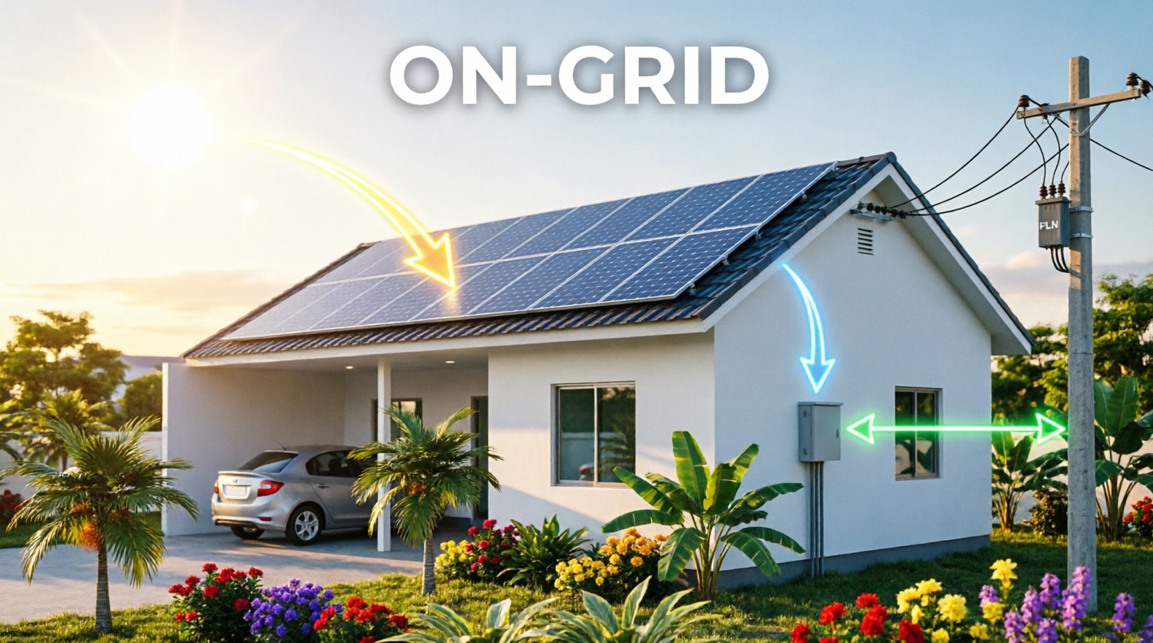 Diagram sistem PLTS On Grid β panel surya terhubung ke rumah dan PLN