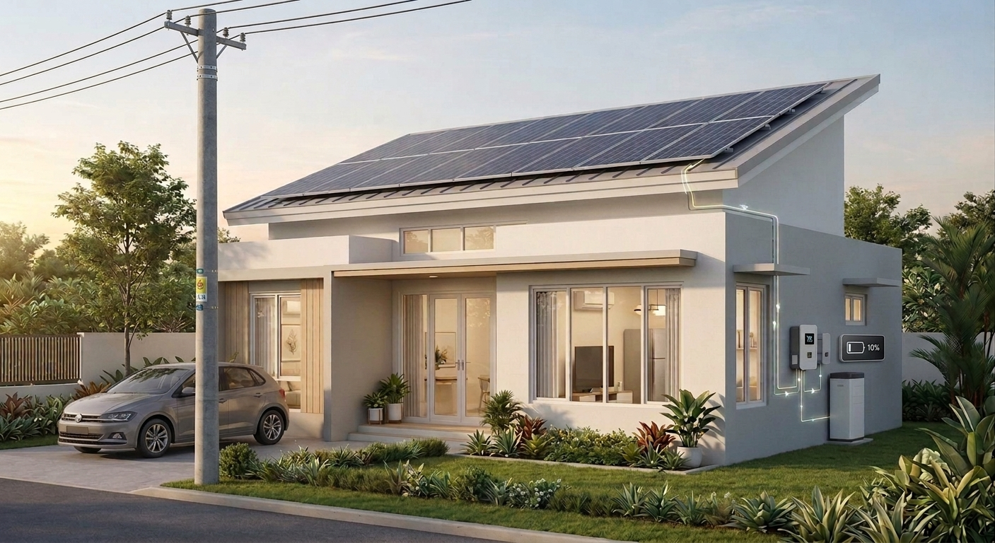 Rumah dengan sistem energi surya pada pagi hari